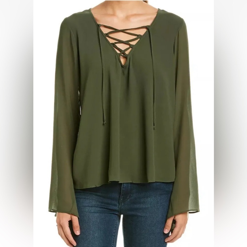 Show Me Your Mumu The Zuko Top Green Lace Up Bell Sleeve Size S